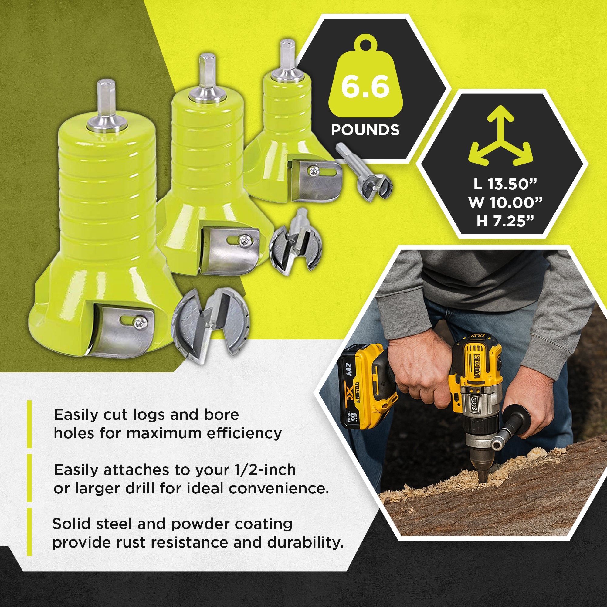 Timber Tuff 3 Piece 1, 1.5, and 2 Inch Tenon Cutter Set with Forstner Bit, Green - VMInnovations