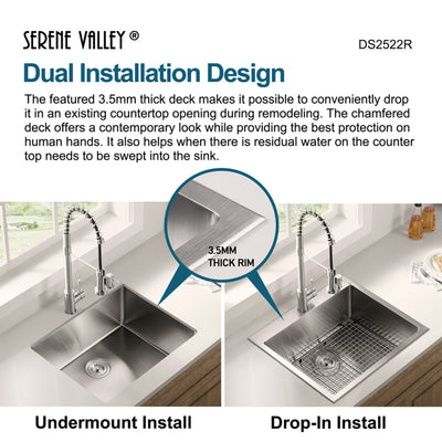 Serene Valley Stainless Steel Dual Mount Kitchen Sink with Rear Drain and Grids