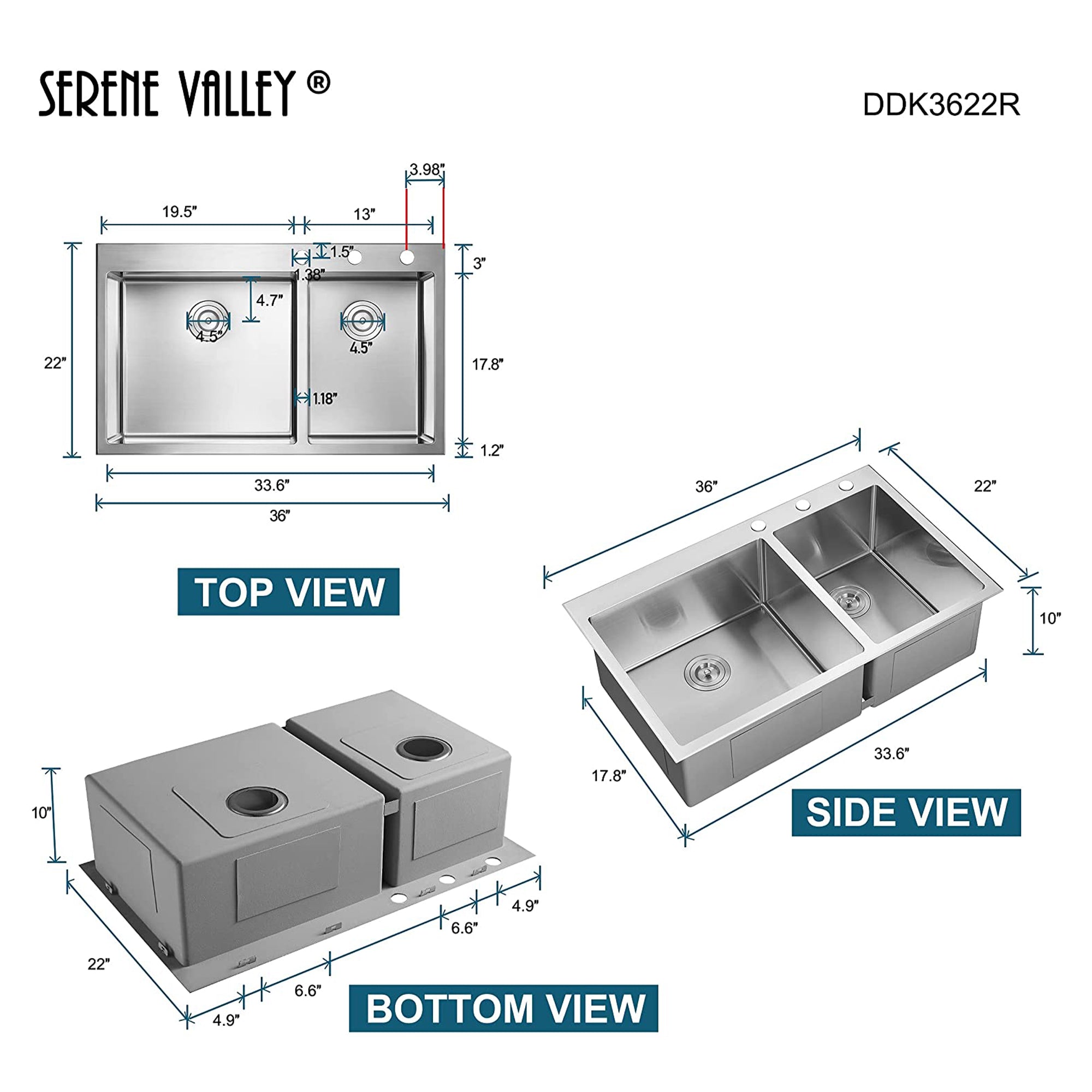 Serene Valley Stainless Steel Dual Mount Kitchen Sink w/Rear Drain & Grids(Used) - VMInnovations