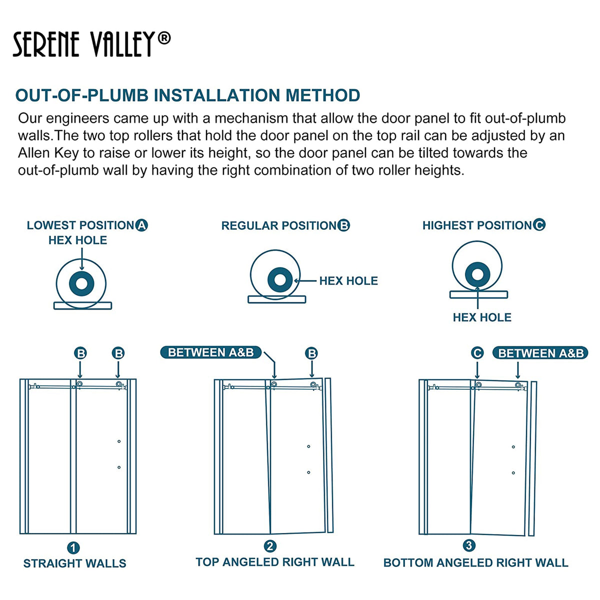 Serene Valley 60 x 66 Inch Big Roller Frameless Sliding Shower Door, Matte Black