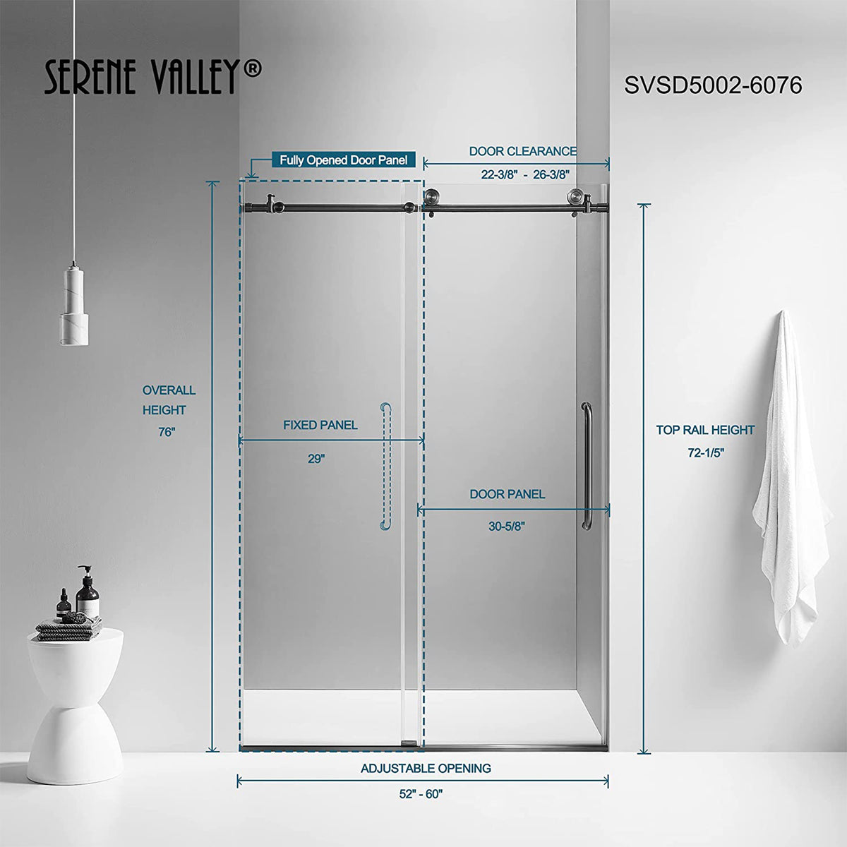 Serene Valley 60 x 66 Inch Big Roller Frameless Sliding Shower Door, Matte Black