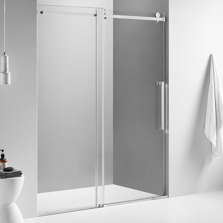 Serene Valley 72 x 74 Inch Square Rail Frameless Sliding Shower Door, Chrome - VMInnovations
