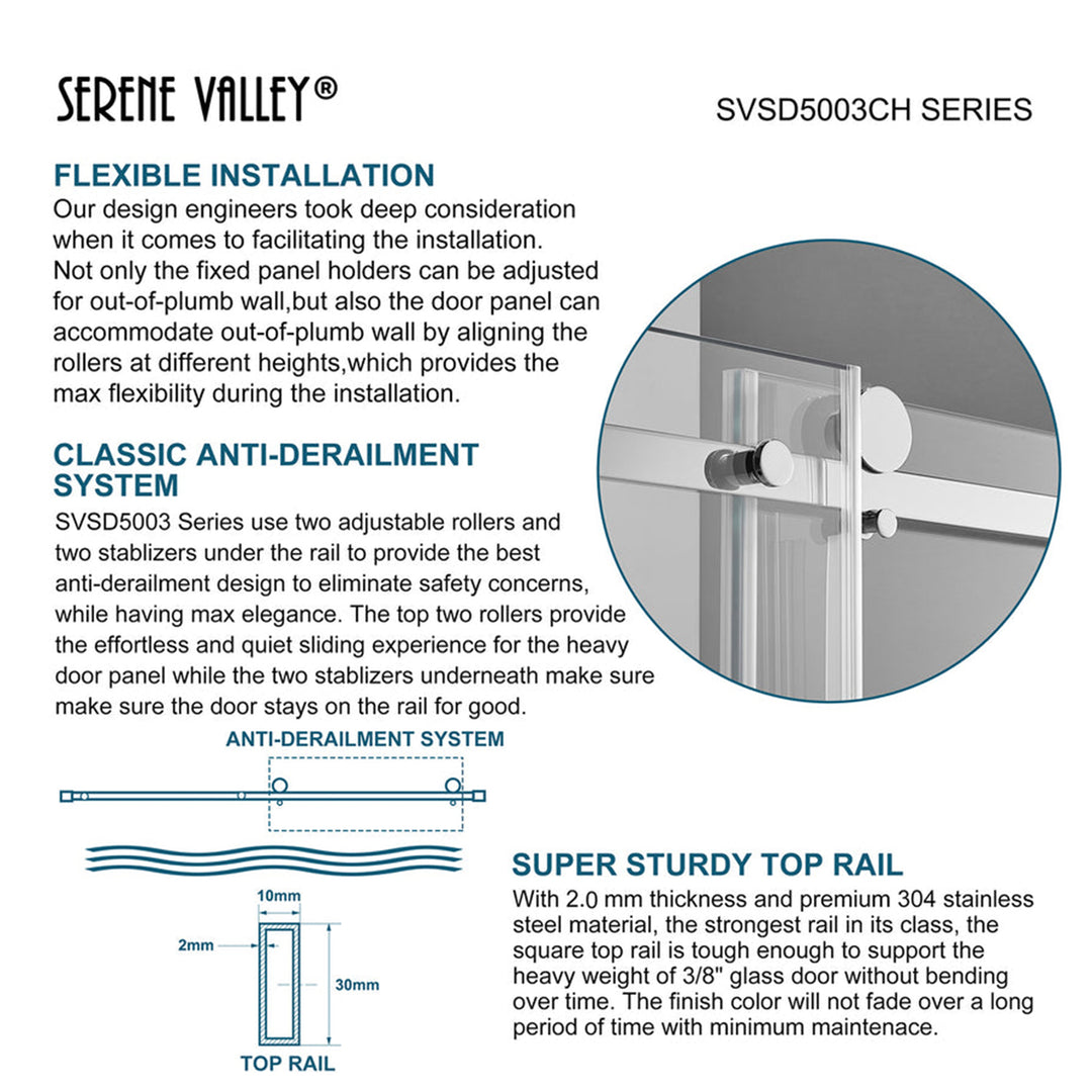 Serene Valley 72 x 74 Inch Square Rail Frameless Sliding Shower Door, Chrome - VMInnovations