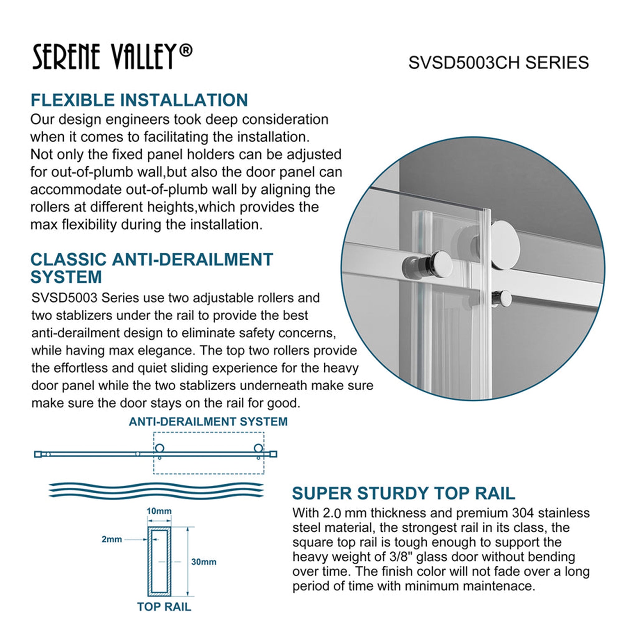 Serene Valley 72 x 74 Inch Square Rail Frameless Sliding Shower Door, Chrome - VMInnovations