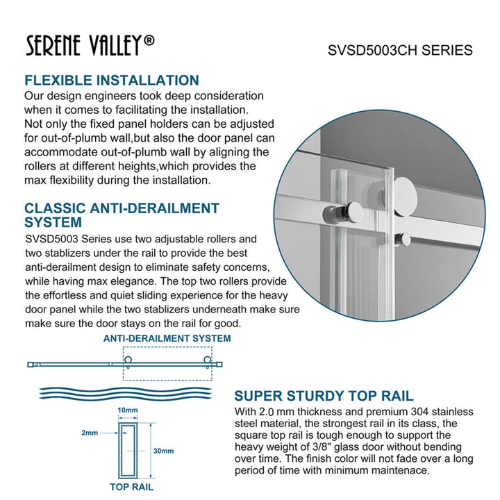 Serene Valley 72 x 74 Inch Square Rail Frameless Sliding Shower Door, Chrome - VMInnovations
