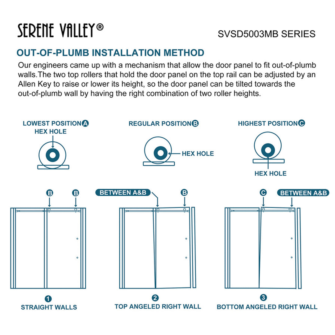 Serene Valley 68 x 74 Inch Square Rail Frameless Sliding Shower Door, Black - VMInnovations