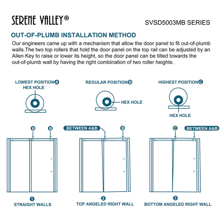 Serene Valley 68 x 74 Inch Square Rail Frameless Sliding Shower Door, Black - VMInnovations