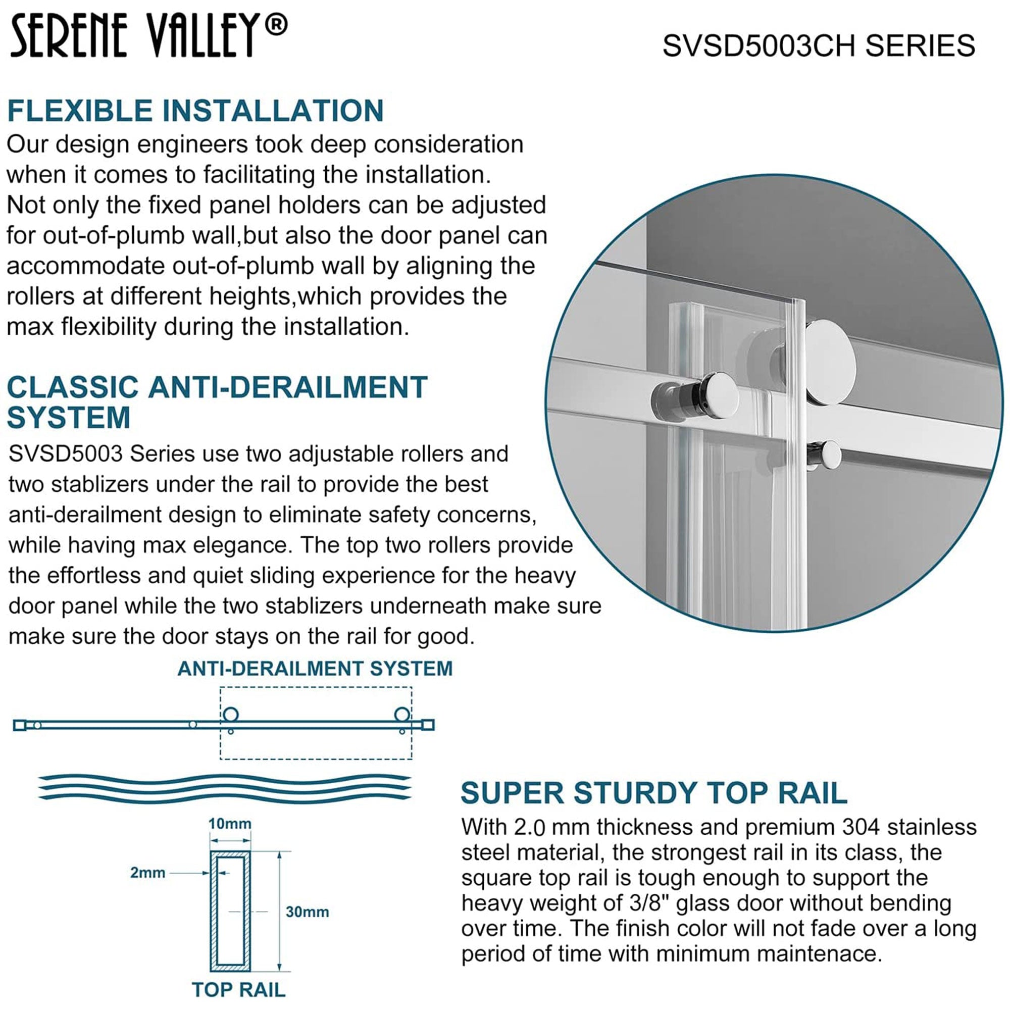 Serene Valley 60 x 74 Inch Square Rail Frameless Sliding Shower Door, Chrome