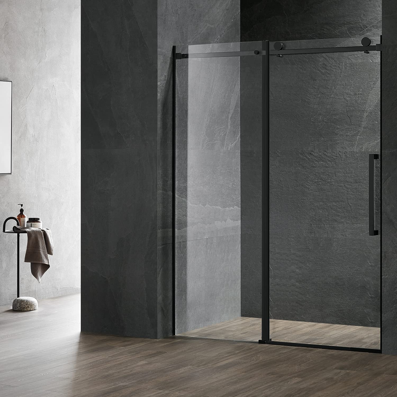 48 x 74 Inch Square Rail Frameless Sliding Shower Door, Black (Used)