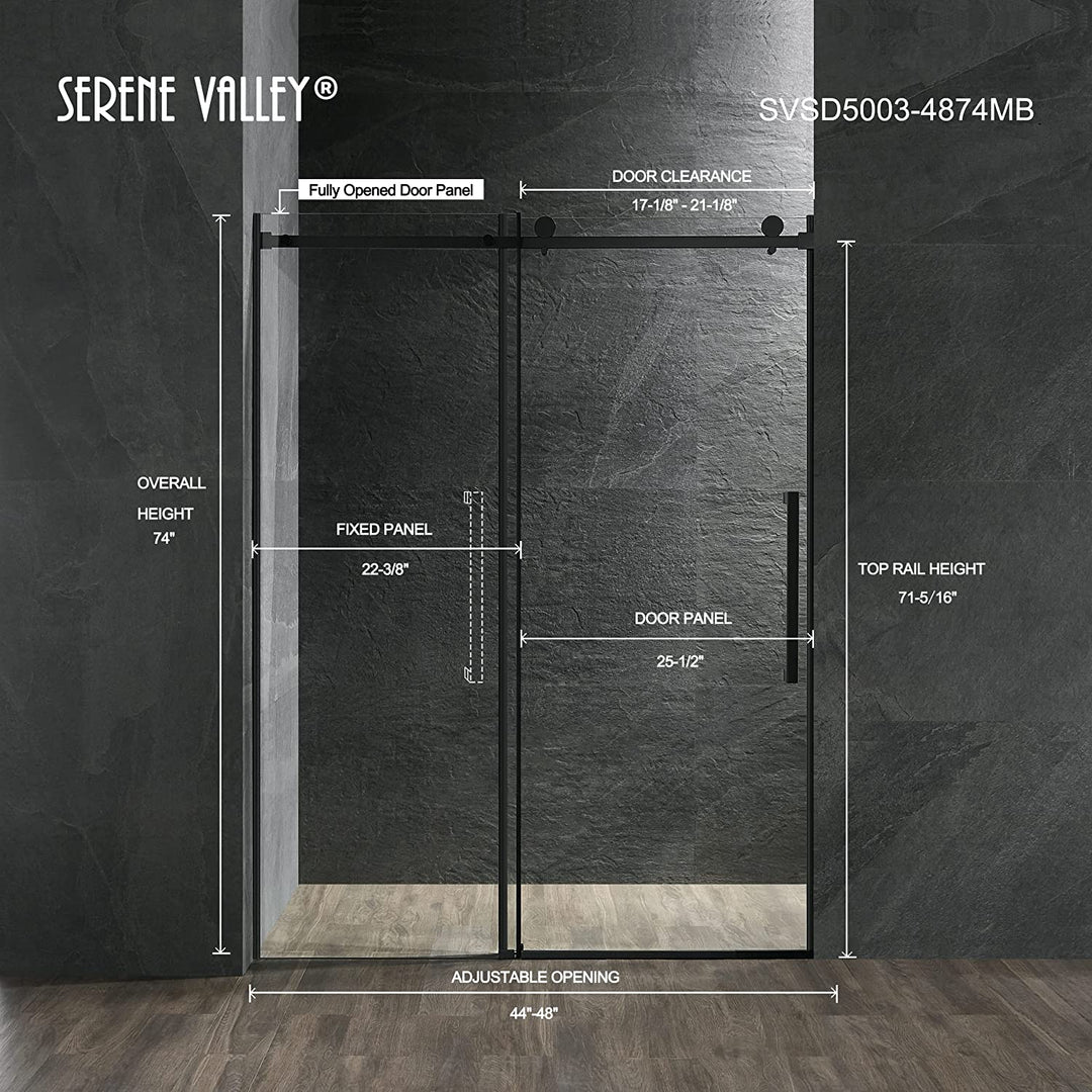 Serene Valley 48 x 74 Inch Square Rail Frameless Sliding Shower Door, Black - VMInnovations
