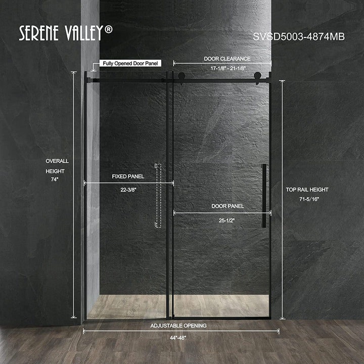 Serene Valley 48 x 74 Inch Square Rail Frameless Sliding Shower Door, Black - VMInnovations