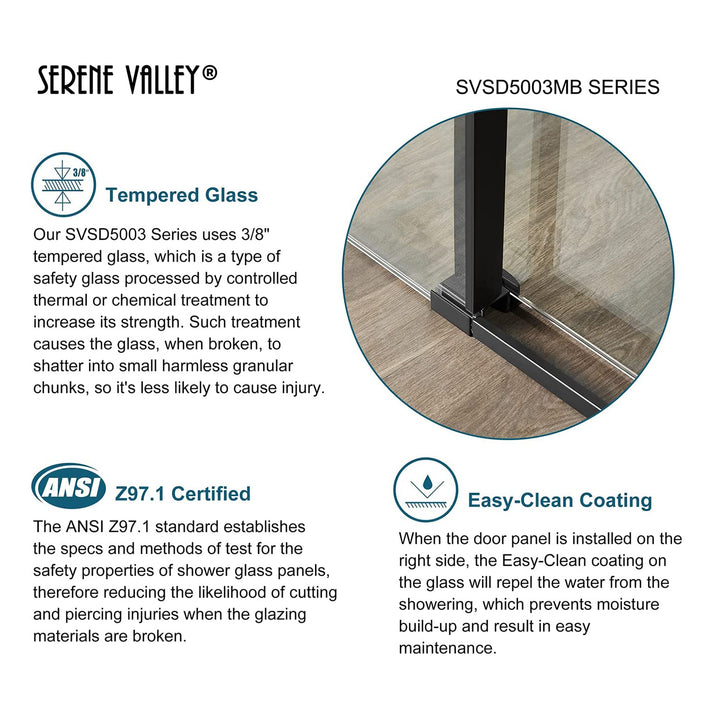 Serene Valley 48 x 74 Inch Square Rail Frameless Sliding Shower Door, Black - VMInnovations