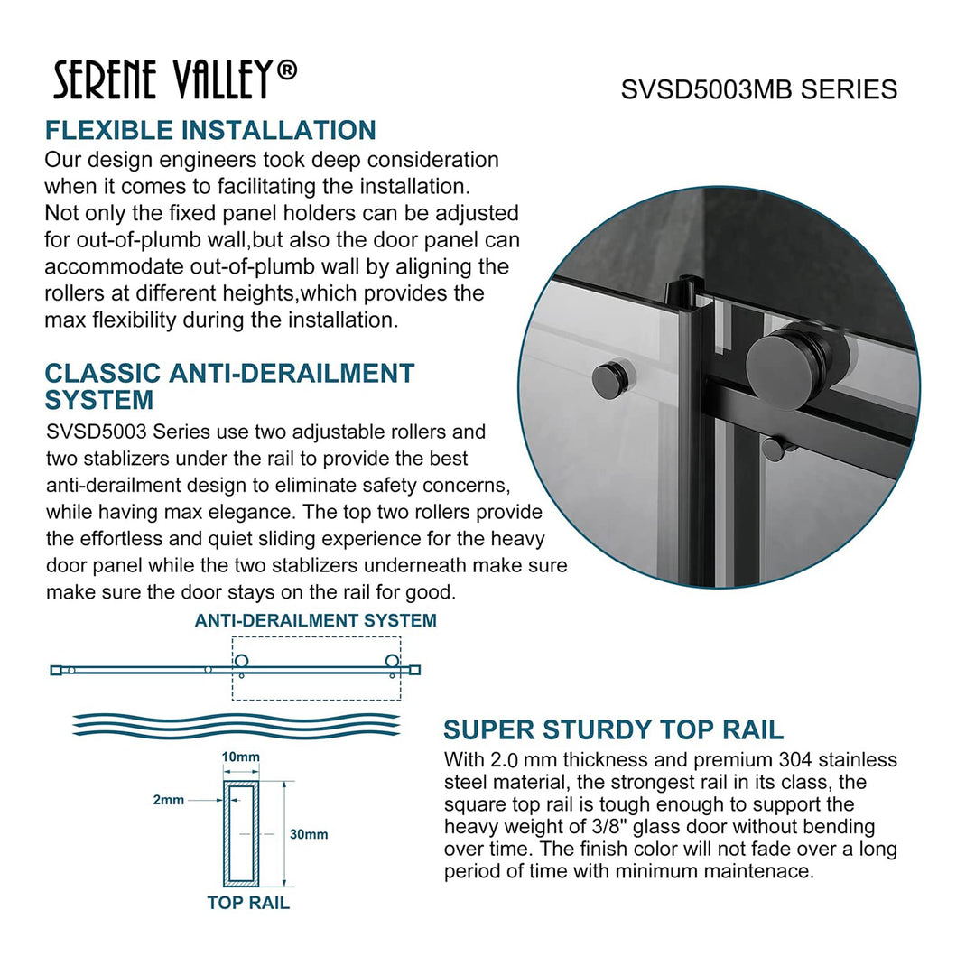 Serene Valley 48 x 74 Inch Square Rail Frameless Sliding Shower Door, Black - VMInnovations