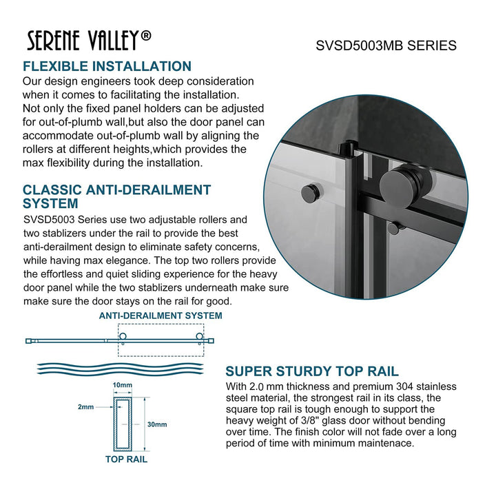 Serene Valley 48 x 74 Inch Square Rail Frameless Sliding Shower Door, Black - VMInnovations