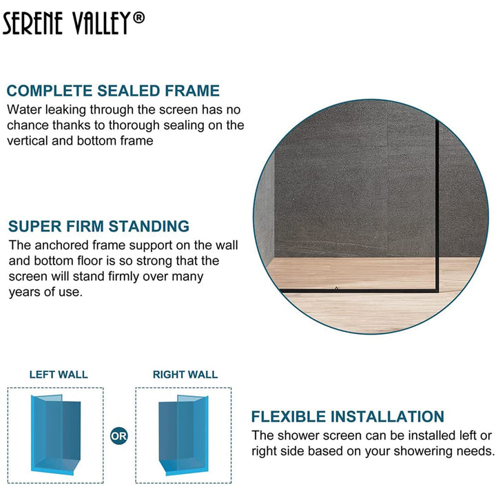 Serene Valley 34 x 72 Inch Tempered Glass Stand Alone Shower Screen, Matte Black - VMInnovations