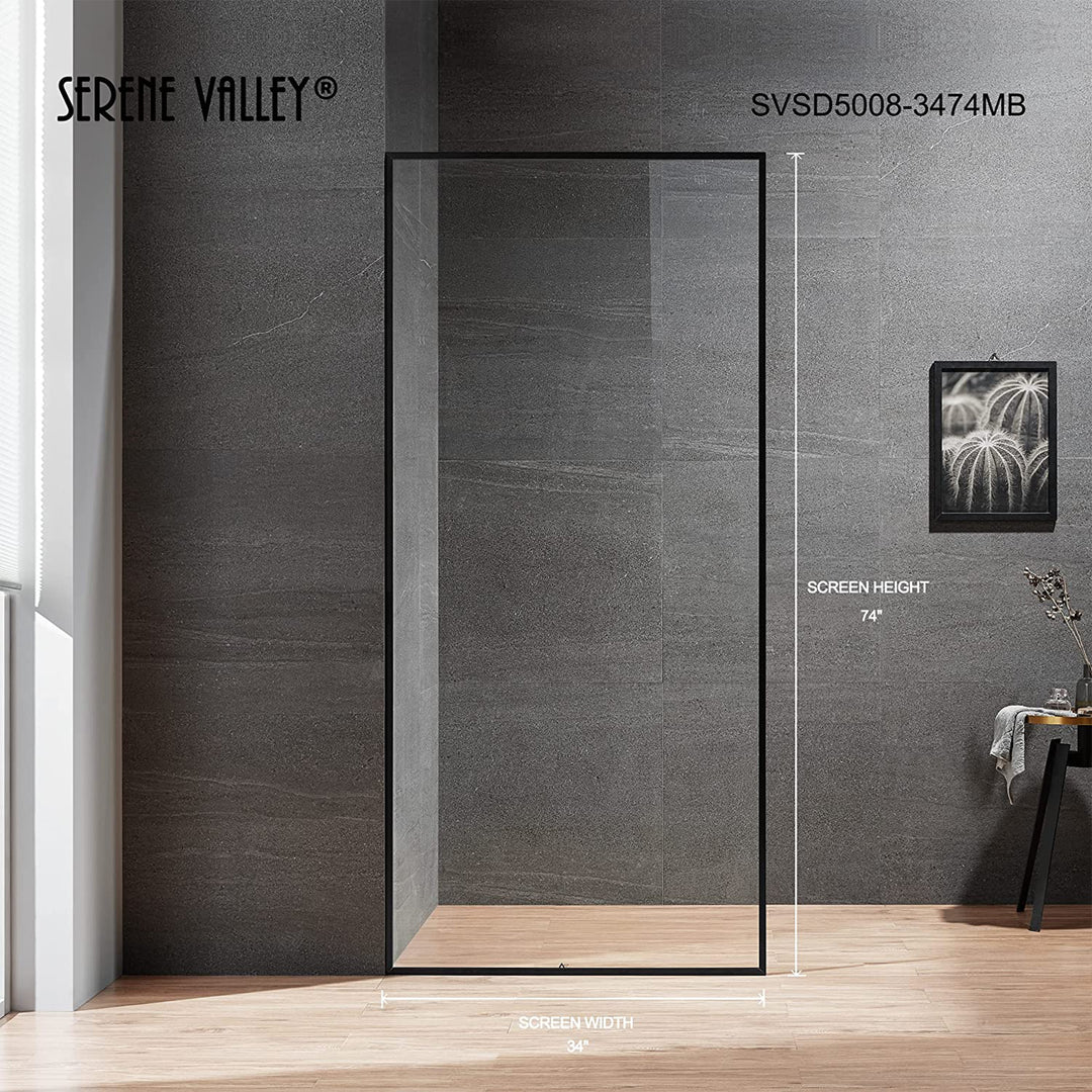 Serene Valley 34 x 72 Inch Tempered Glass Stand Alone Shower Screen, Matte Black - VMInnovations