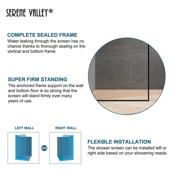 Serene Valley 34 x 72 Inch Tempered Glass Stand Alone Shower Screen, Matte Black - VMInnovations