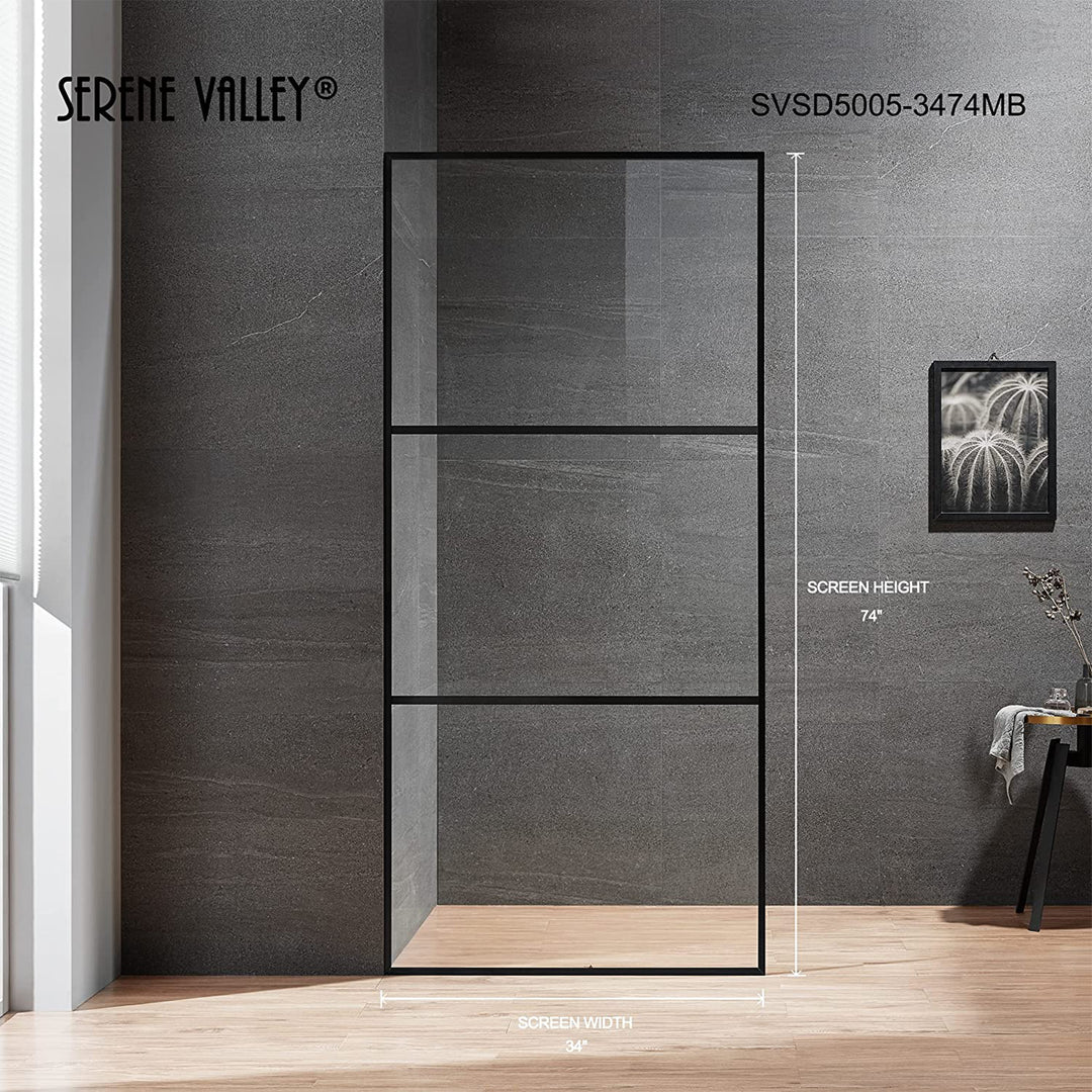 Serene Valley 34 x 72 Inch Tempered Glass Stand Alone Shower Screen, Matte Black - VMInnovations