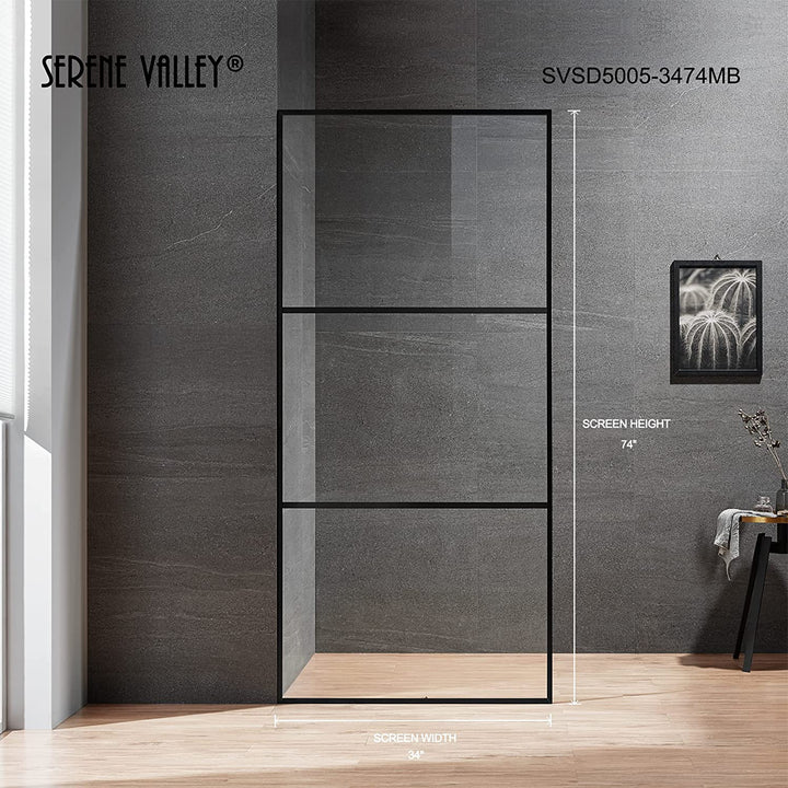 Serene Valley 34 x 72 Inch Tempered Glass Stand Alone Shower Screen, Matte Black - VMInnovations