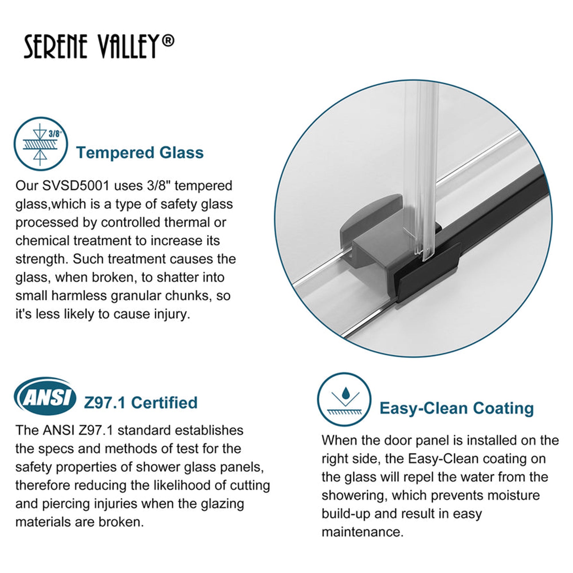 Serene Valley 60 x 74 Inch Square Rail Frameless Sliding Shower Door, Black