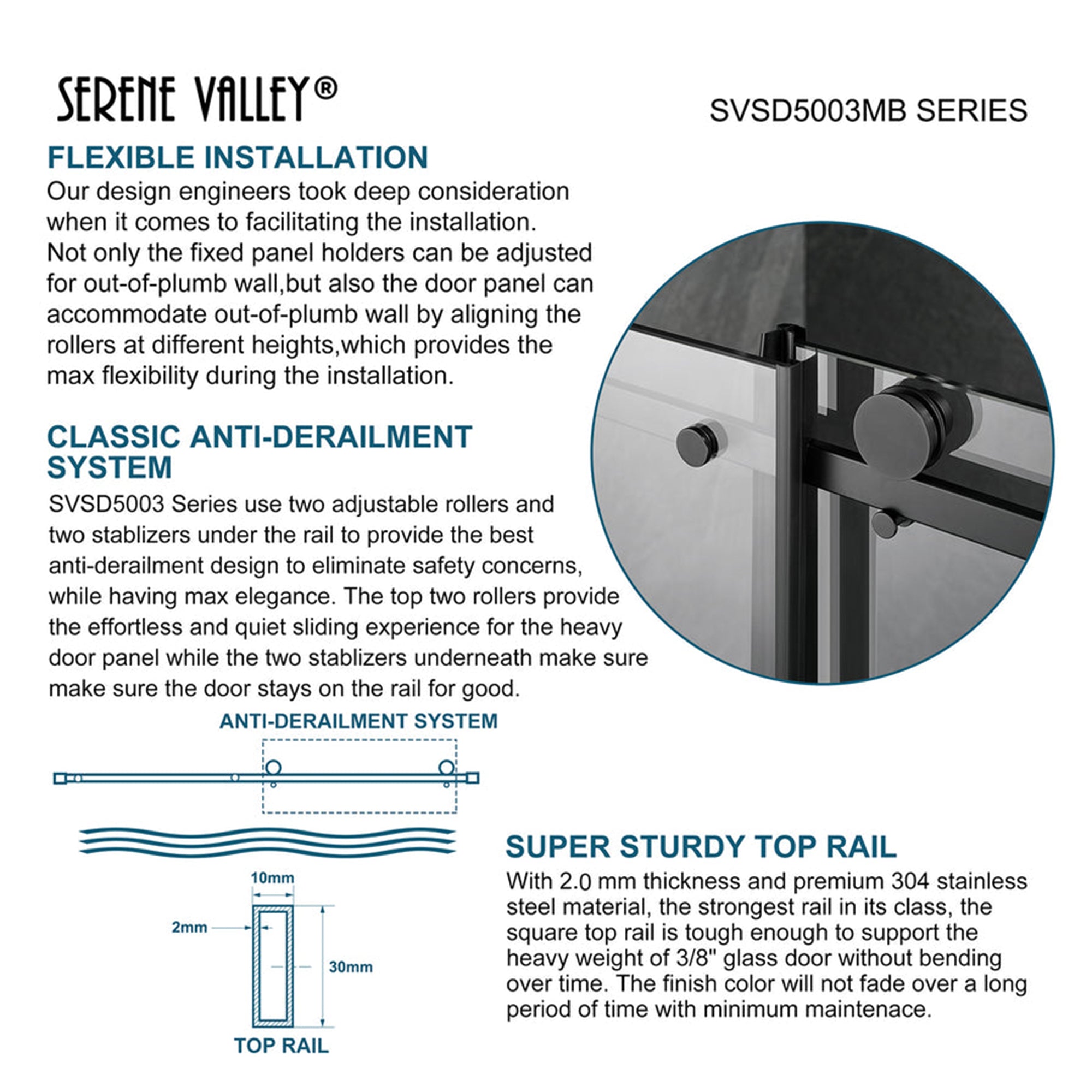 Serene Valley 56 x 74 Inch Square Rail Frameless Sliding Shower Door, Black