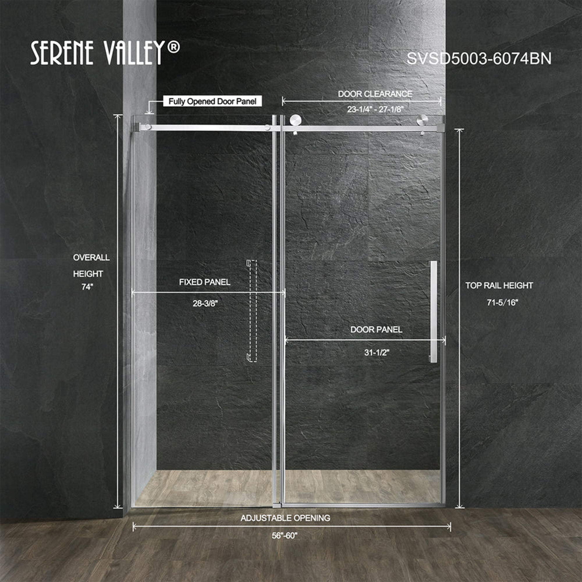 Serene Valley 60 x 74 Inch Square Rail Frameless Sliding Shower Door, Nickel