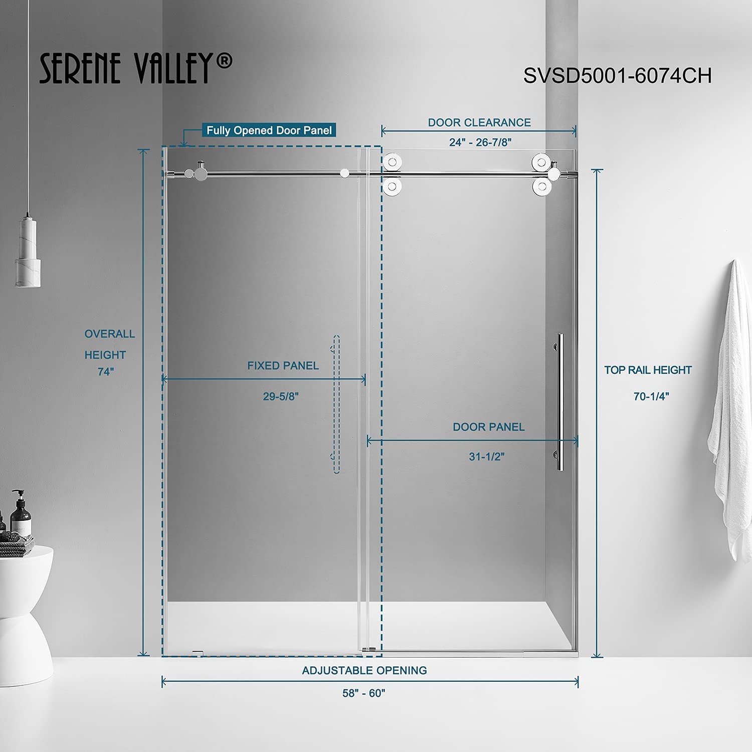 Serene Valley 60 x 74 Inch Big Roller Frameless Sliding Shower Door, Chrome