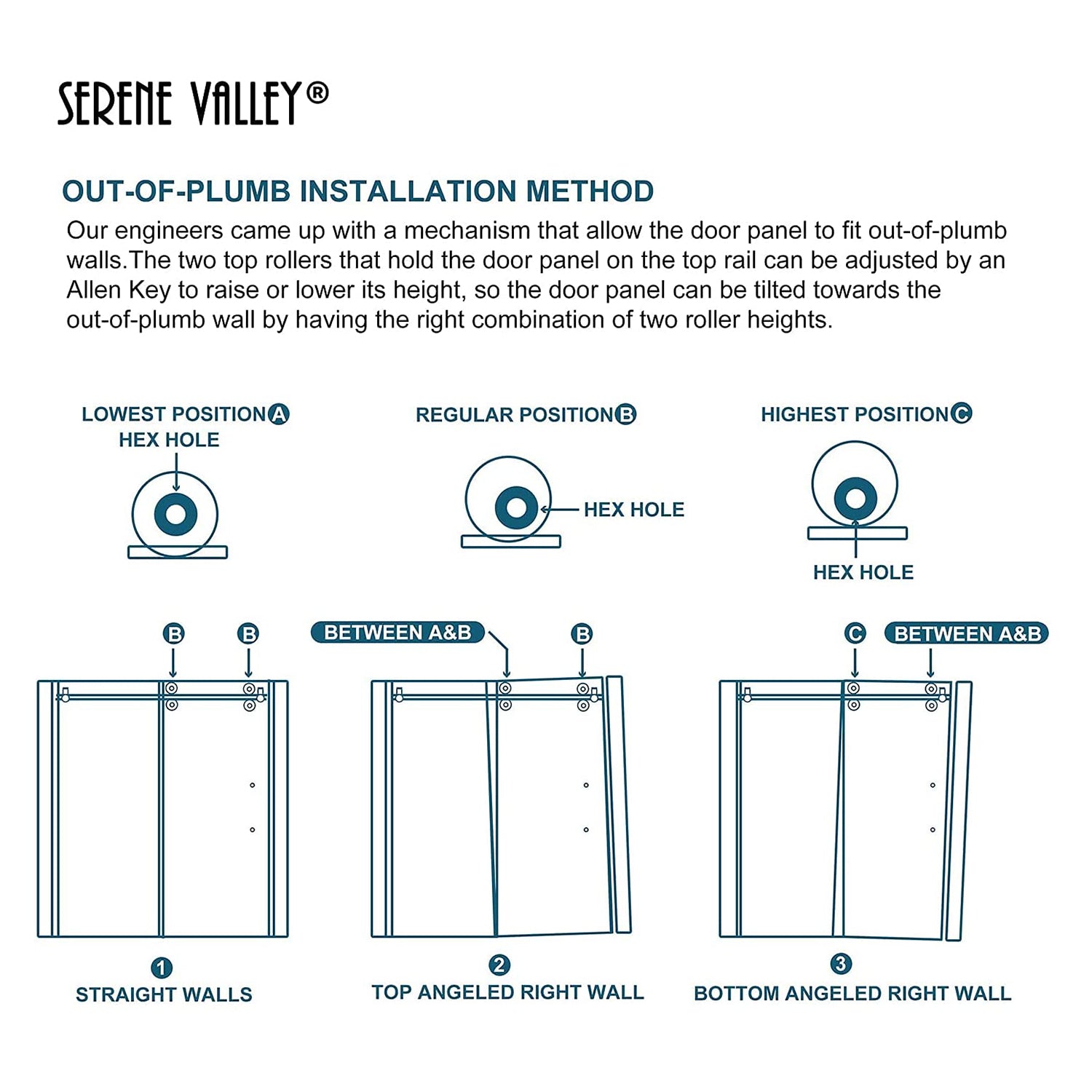 Serene Valley 60 x 74 Inch Big Roller Frameless Sliding Shower Door, Chrome
