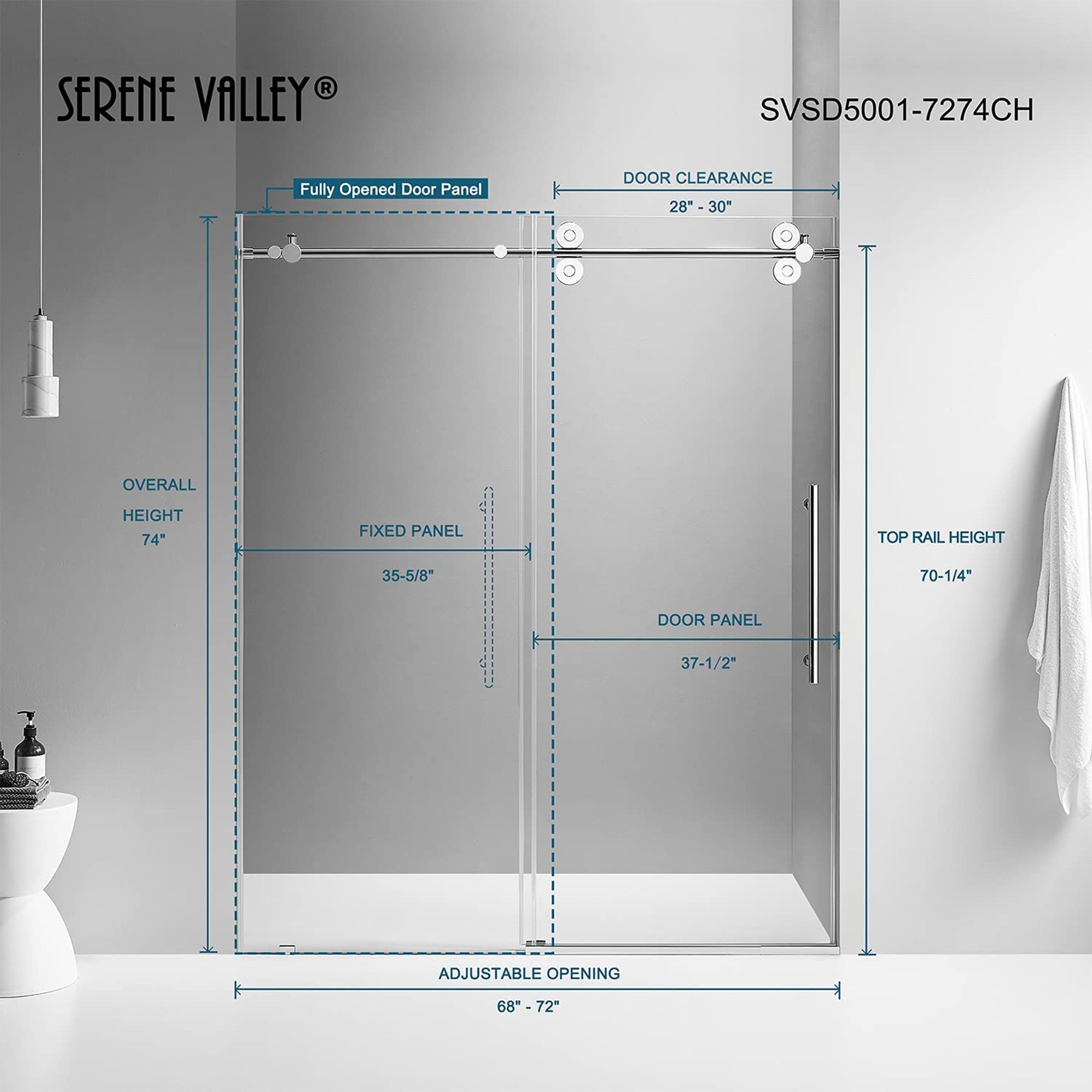 Serene Valley 72 x 74 Inch Big Roller Frameless Sliding Shower Door, Chrome
