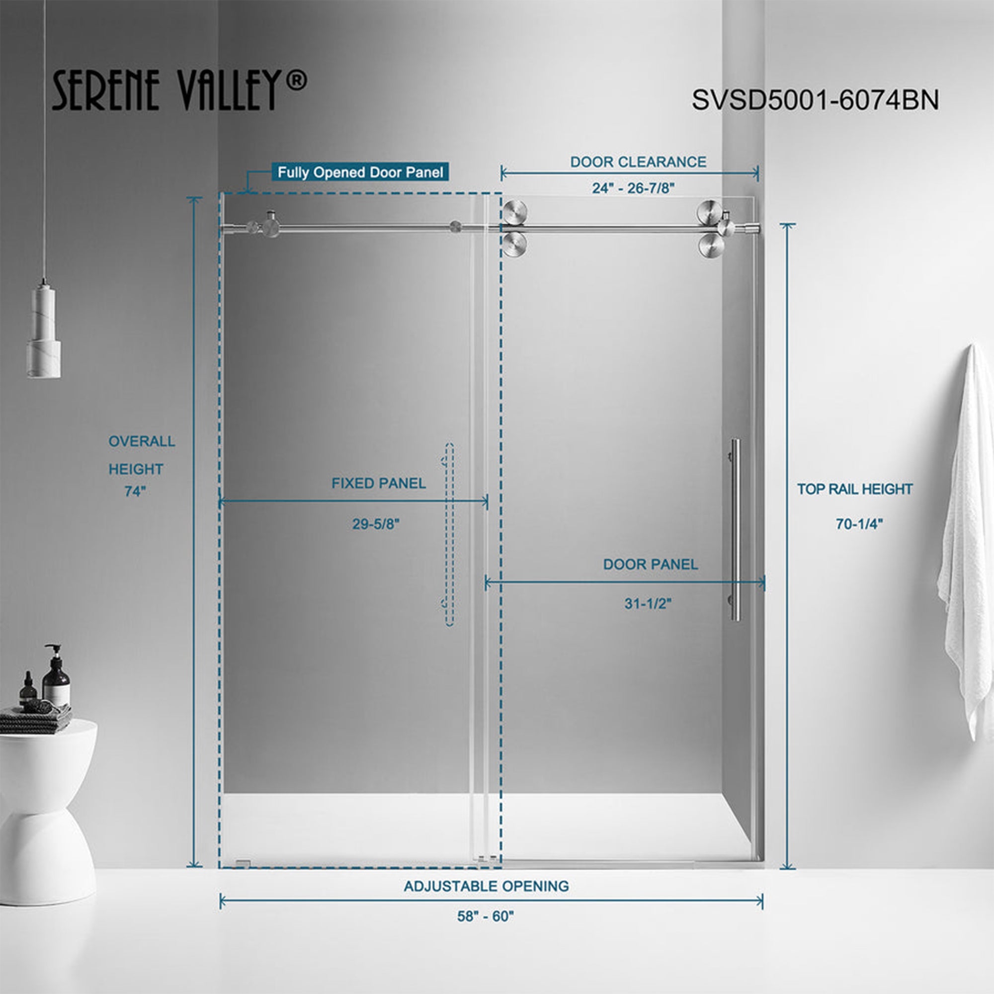 Serene Valley 60 x 74" Big Roller Frameless Sliding Shower Door, Brushed Nickel