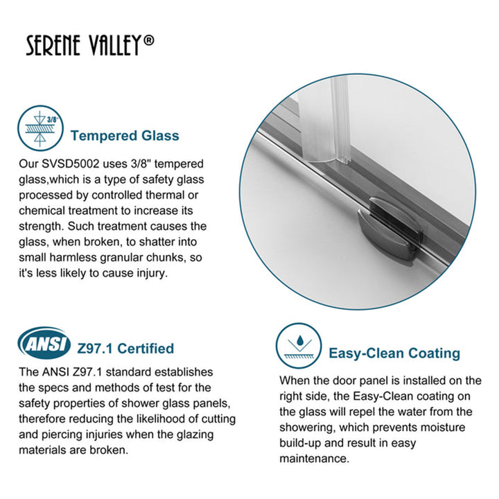 Serene Valley 60 x 66 Inch Square Rail Frameless Sliding Shower Door, Chrome - VMInnovations