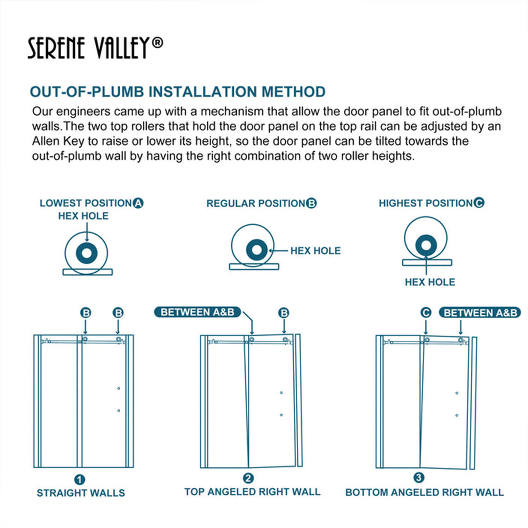 Serene Valley 60 x 66 Inch Square Rail Frameless Sliding Shower Door, Chrome - VMInnovations