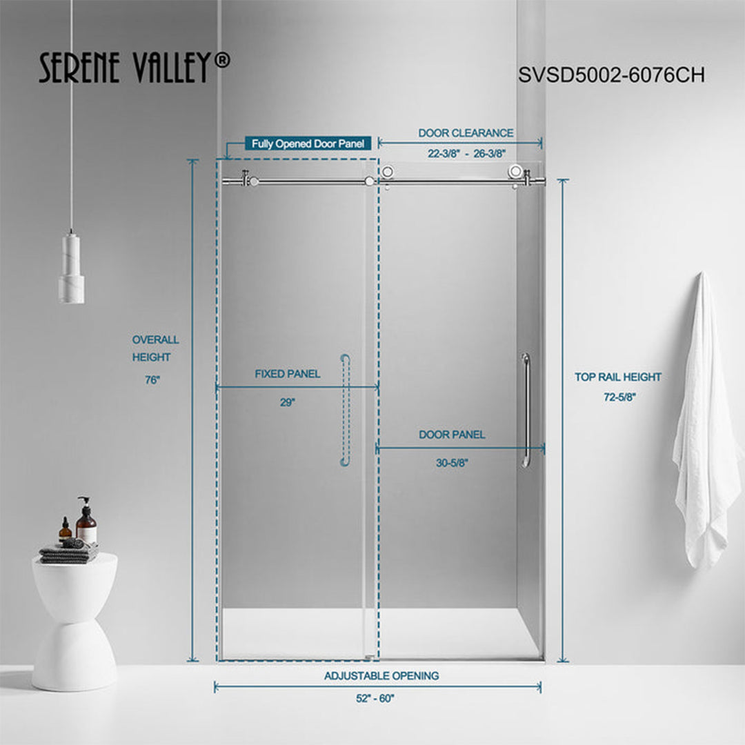 Serene Valley 60 x 66 Inch Square Rail Frameless Sliding Shower Door, Chrome - VMInnovations