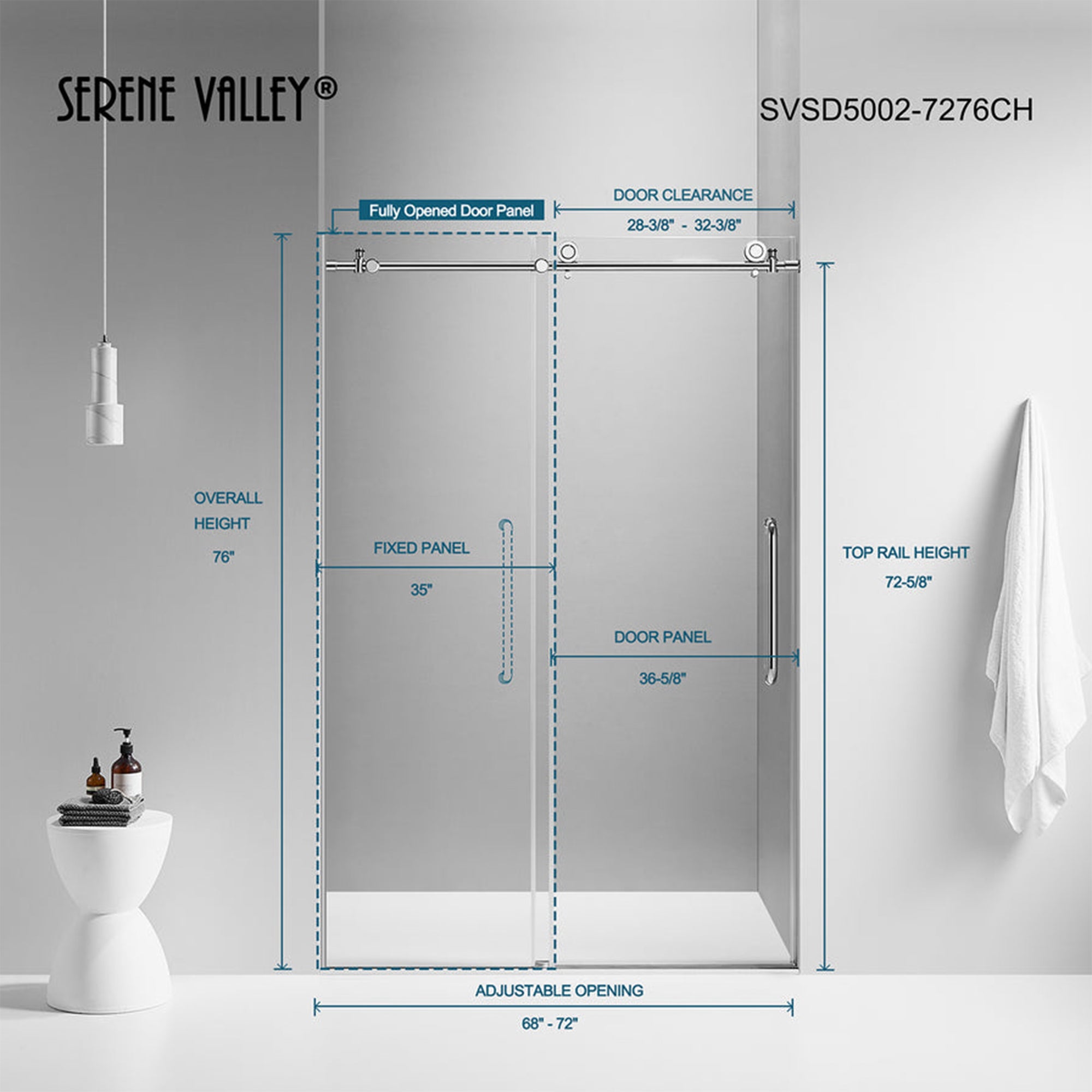 Serene Valley 72 x 76 Inch Big Roller Frameless Sliding Shower Door, Chrome