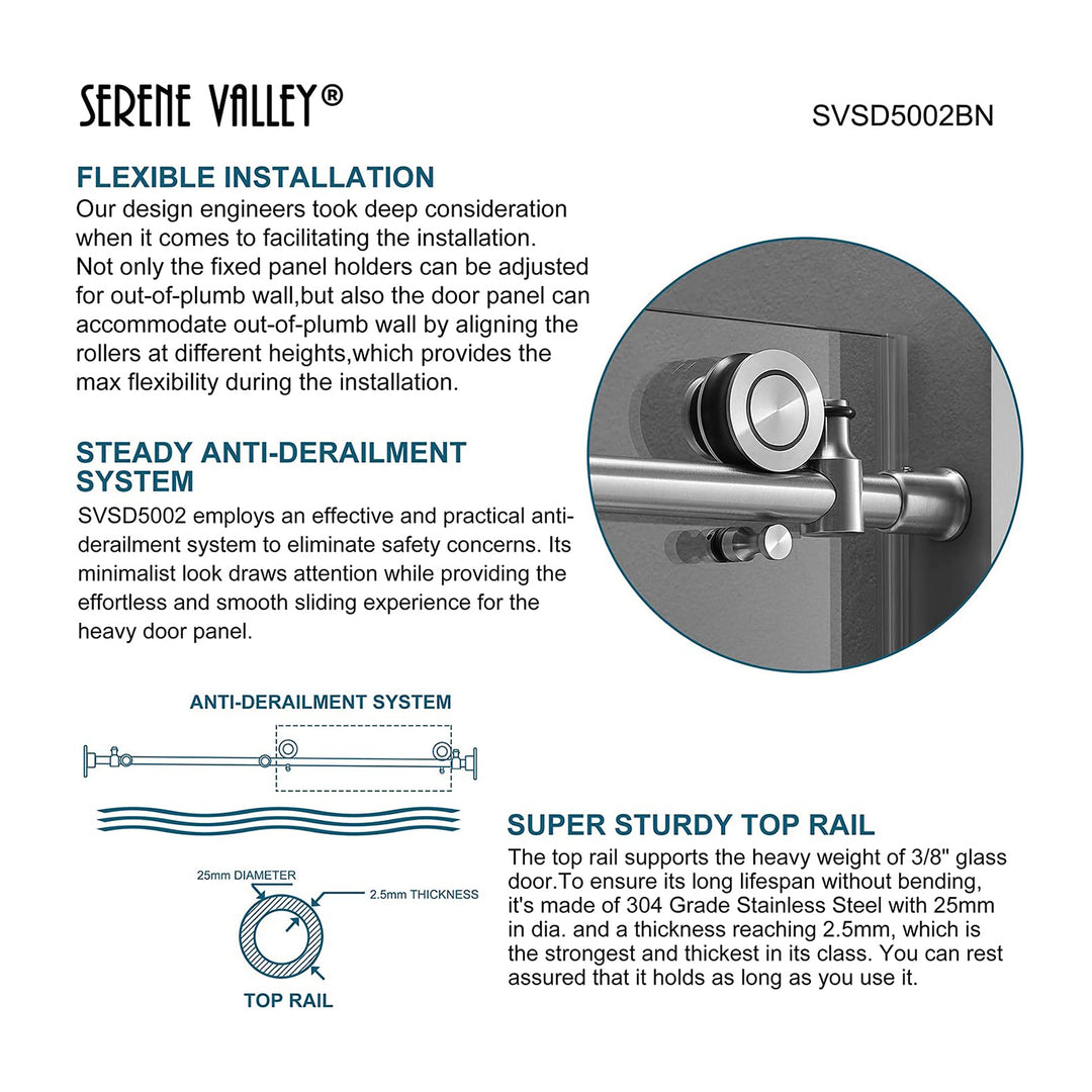 Serene Valley 60 x 66" Big Roller Frameless Sliding Shower Door, Brushed Nickel - VMInnovations