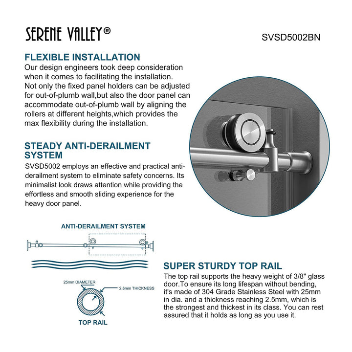 Serene Valley 60 x 66" Big Roller Frameless Sliding Shower Door, Brushed Nickel - VMInnovations
