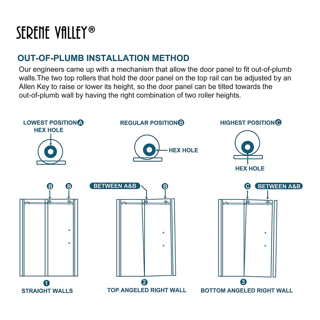 Serene Valley 60 x 66" Big Roller Frameless Sliding Shower Door, Brushed Nickel - VMInnovations