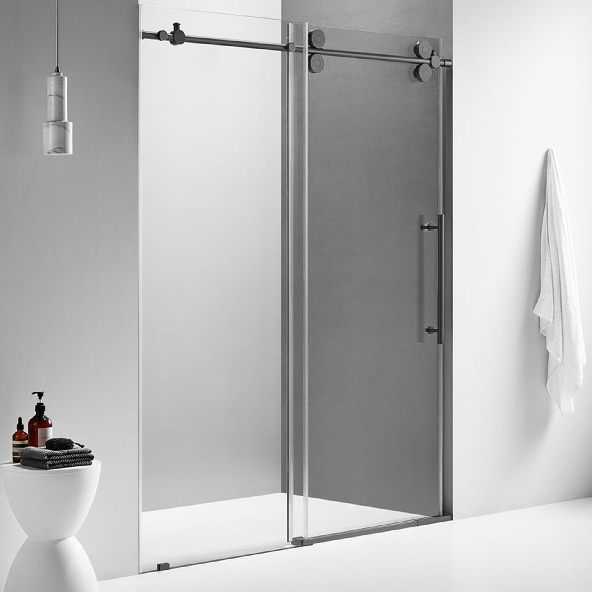 Serene Valley 48 x 74 Inch Big Roller Frameless Sliding Shower Door, Matte Black
