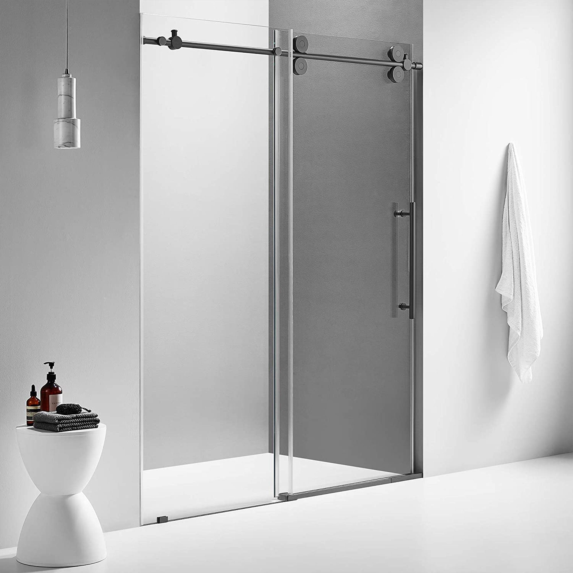 Serene Valley 56 x 74 Inch Big Roller Frameless Sliding Shower Door, Matte Black - VMInnovations
