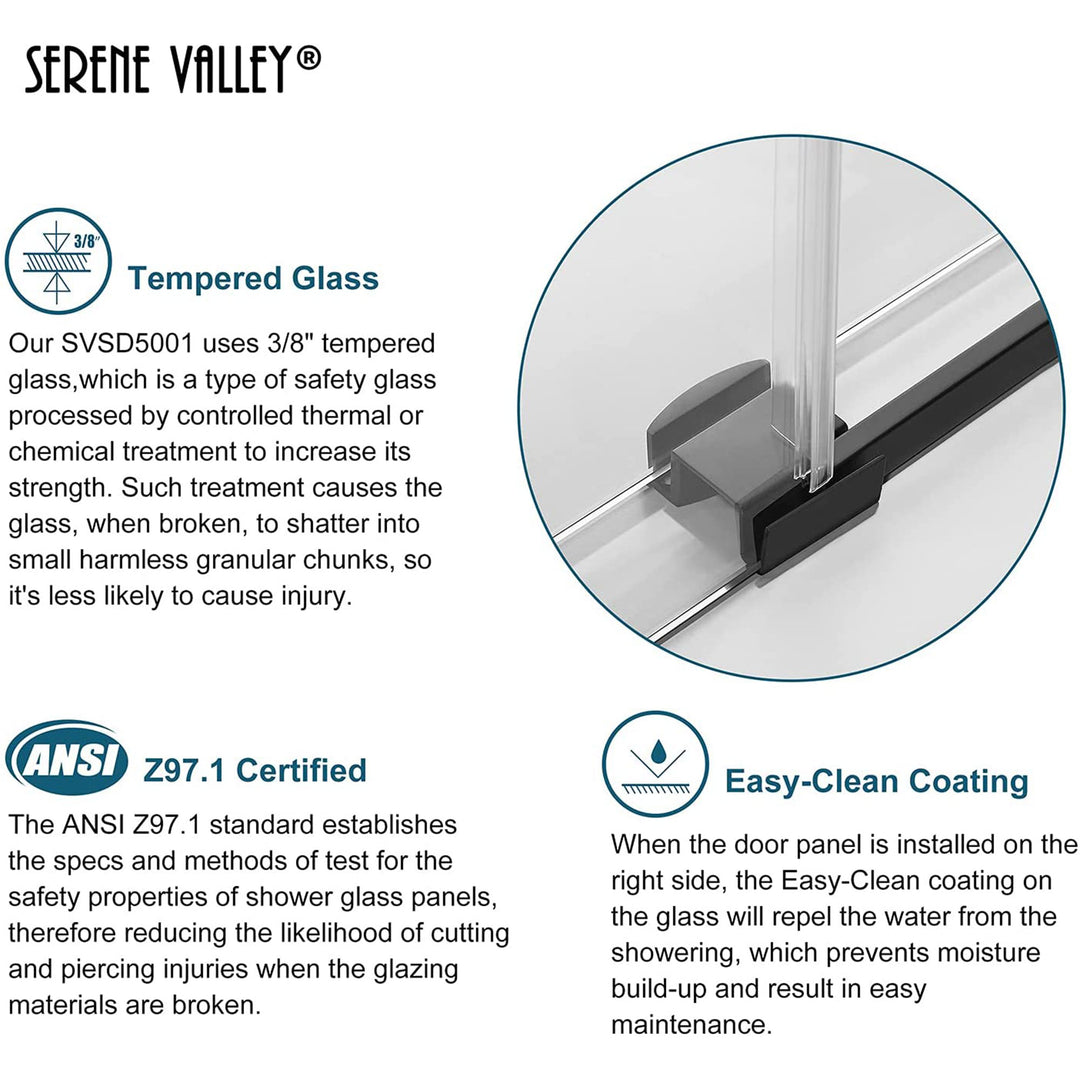 Serene Valley 56 x 74 Inch Big Roller Frameless Sliding Shower Door, Matte Black - VMInnovations
