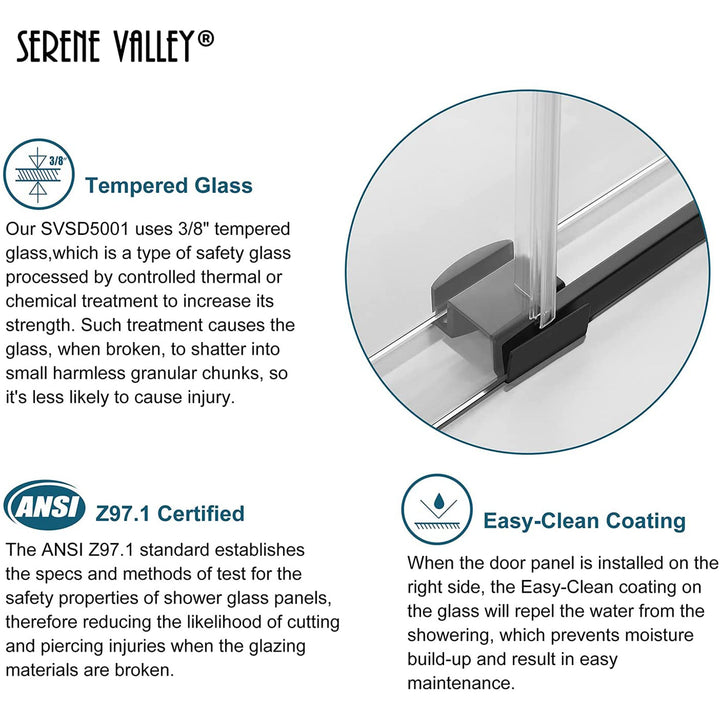 Serene Valley 56 x 74 Inch Big Roller Frameless Sliding Shower Door, Matte Black - VMInnovations