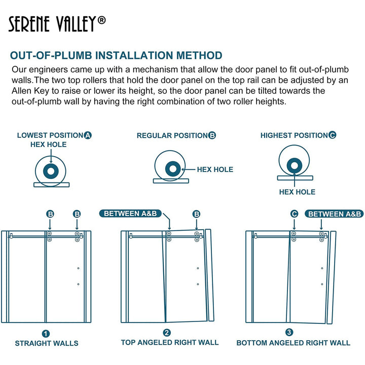 Serene Valley 56 x 74 Inch Big Roller Frameless Sliding Shower Door, Matte Black - VMInnovations