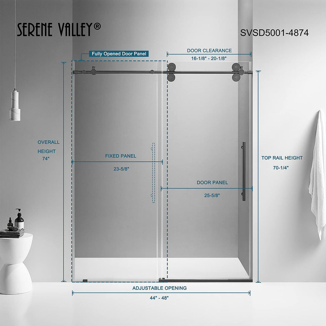 Serene Valley 56 x 74 Inch Big Roller Frameless Sliding Shower Door, Matte Black - VMInnovations