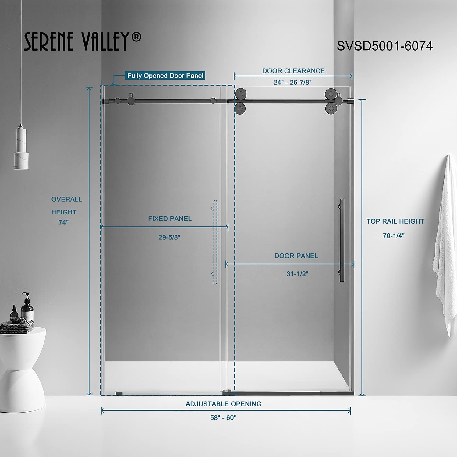 Serene Valley 60 x 74 Inch Big Roller Frameless Sliding Shower Door, Matte Black - VMInnovations
