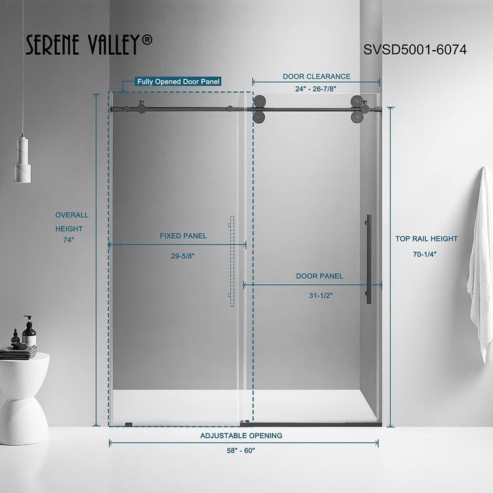 Serene Valley 60 x 74 Inch Big Roller Frameless Sliding Shower Door, Matte Black - VMInnovations