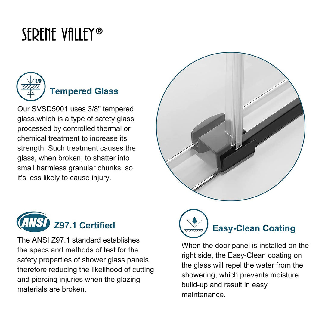 Serene Valley 60 x 74 Inch Big Roller Frameless Sliding Shower Door, Matte Black - VMInnovations