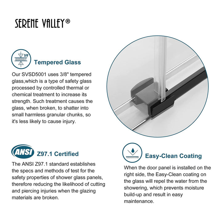 Serene Valley 60 x 74 Inch Big Roller Frameless Sliding Shower Door, Matte Black - VMInnovations