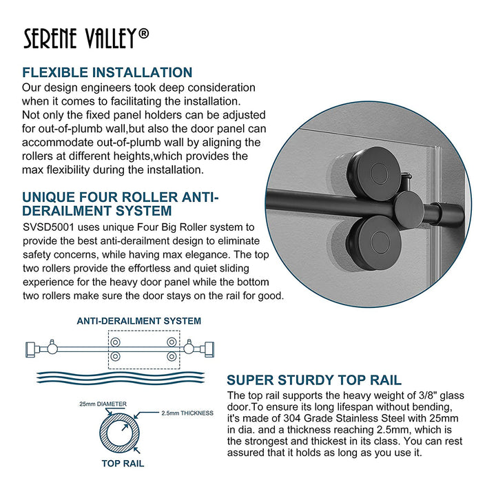Serene Valley 60 x 74 Inch Big Roller Frameless Sliding Shower Door, Matte Black - VMInnovations