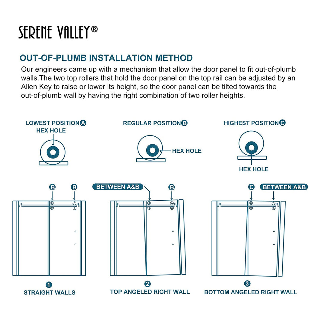 Serene Valley 60 x 74 Inch Big Roller Frameless Sliding Shower Door, Matte Black - VMInnovations