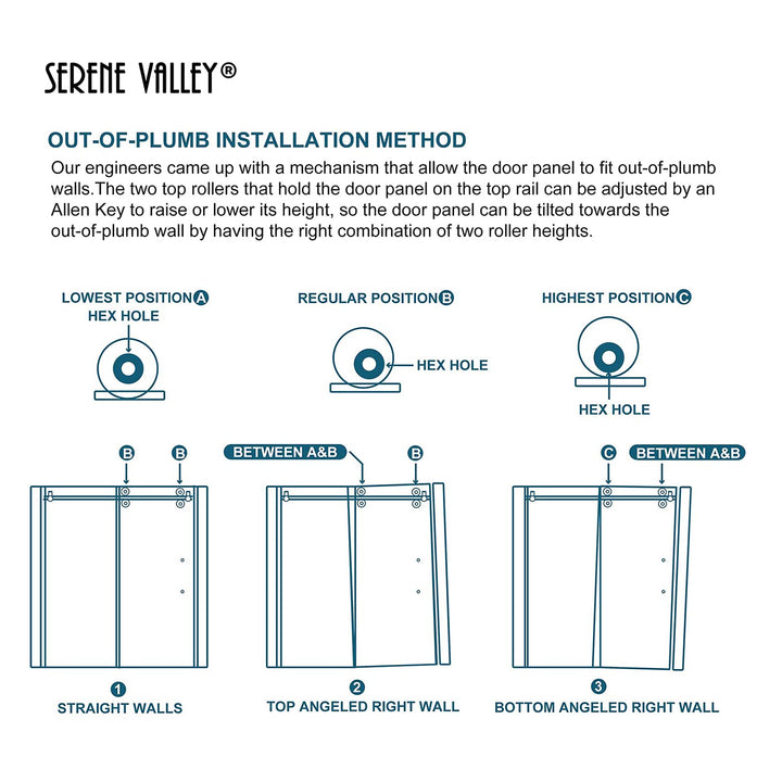 Serene Valley 60 x 74 Inch Big Roller Frameless Sliding Shower Door, Matte Black - VMInnovations